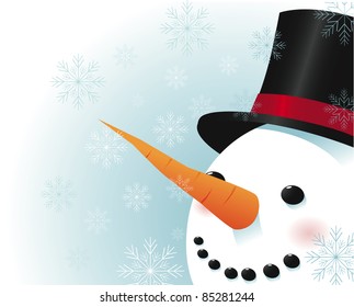 Snowman with snowflakes A smiling snowman, surrounded by snowflakes, smiles as his nose points to your message. EPS 8 vector with no open shapes, strokes or transparencies.