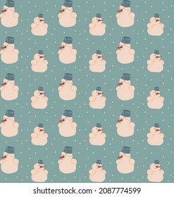 Snowman, snowflakes, snow. Winter time. Holiday. Seamless pattern. Design for paper, cover, fabric, interior decor.