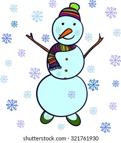 Snowman and snowflakes. Vector illustration.