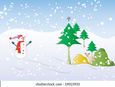 Snowman and snowing weather on the mountain