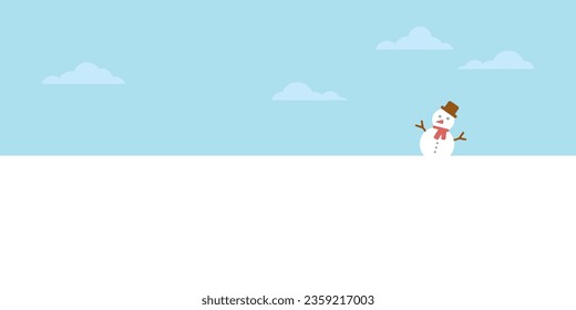 Snowman in snowland flat design vector illustration with blank space. Rural landscape in winter season.