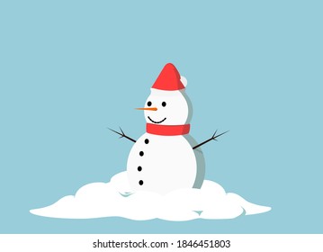 A snowman with snows around and blue background. Vector Illustration