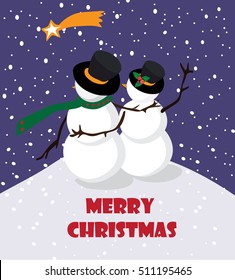 Snowman with snowwoman watching the star in the snowing night, vector illustration