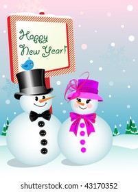 Snowman and Snow-woman wishing you a Happy New Year