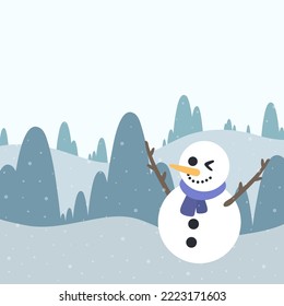 Snowman in the snowy forest. Flat design illustration vector.