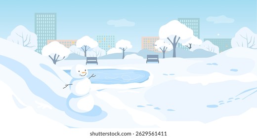 Snowman in a snowy park with frozen pond, bare trees, and skyline buildings on a light blue sky background. Concept of winter season. Vector illustration
