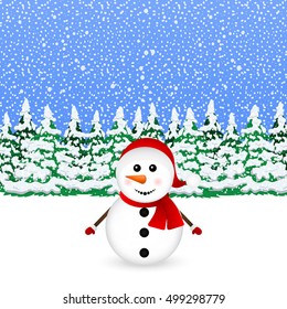 Snowman in snowy winter Christmas forest, vector illustration