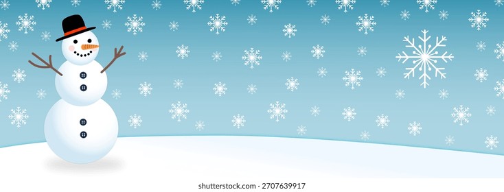 Muñeco de nieve en la escena invernal nevada, Ilustración vectorial para las Navidades y el año Nuevo saludos de Festiva, Plantilla de Anuncio.
