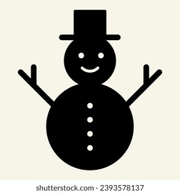 Snowman solid icon. Happy winter snowman with hat and scarf glyph style pictogram on white background. Snow New Year holiday figure for mobile concept and web design. Vector graphics