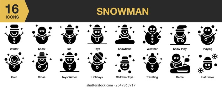 Snowman conjunto de ícone sólido. Inclui inverno, neve, gelo, brinquedos, floco de neve, frio, Natal, férias e muito mais. Coleção vetorial de ícones sólidos.