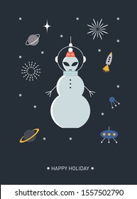 Snowman in space. Poster, greeting card, banner design