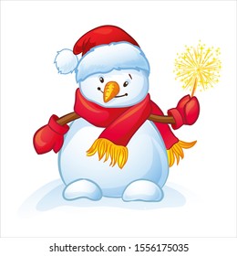 Сheerful Snowman with sparkler. Christmas and New Year character. Vector illustration on a white background. 