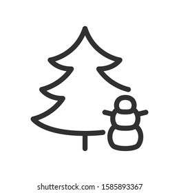 snowman and spruce, linear icon. Editable stroke