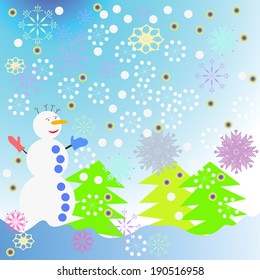 Snowman and spruce on gradient background colored snowflakes.