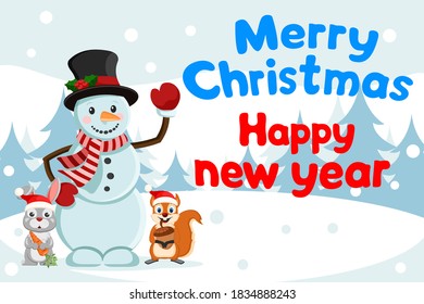 Snowman with a squirrel and a hare on the background of nature, copy space. Happy New Year and Merry Christmas