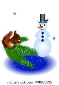 Snowman and a squirrel on a branch.