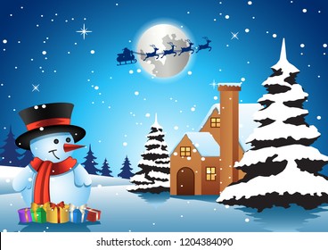 snowman stand in front of lonely house on xmas night and santa fly away to send gift to everyone,vector illustration