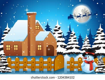 snowman stand in front of lonely house on xmas night and santa fly away to send gift to everyone,vector illustration