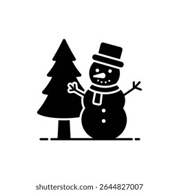 Snowman standing in front of Christmas tree in snowy landscape