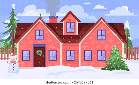 Snowman is standing in front of a house. Christmas tree is in the yard. Vector illustration in a flat style
