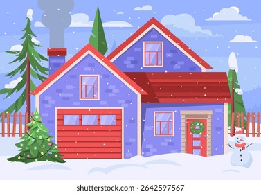 Snowman is standing in front of a house. Christmas tree is in the yard. Vector illustration in a flat style