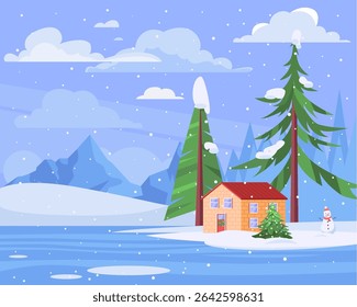 Snowman is standing in front of a house. Christmas tree is in the yard. Vector illustration in a flat style