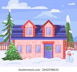 Snowman is standing in front of a house. Christmas tree is in the yard. Vector illustration in a flat style