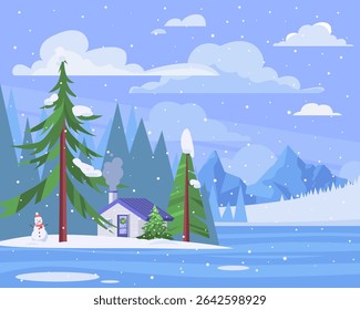 Snowman is standing in front of a house. Christmas tree is in the yard. Vector illustration in a flat style
