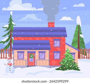 Snowman is standing in front of a house. Christmas tree is in the yard. Vector illustration in a flat style