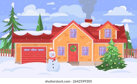 Snowman is standing in front of a house. Christmas tree is in the yard. Vector illustration in a flat style