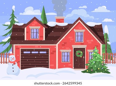 Snowman is standing in front of a house. Christmas tree is in the yard. Vector illustration in a flat style