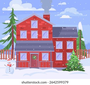Snowman is standing in front of a house. Christmas tree is in the yard. Vector illustration in a flat style