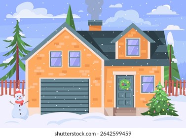 Snowman is standing in front of a house. Christmas tree is in the yard. Vector illustration in a flat style