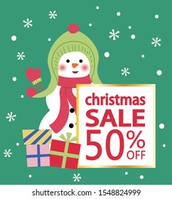 Snowman standing in front of special price sign with gift box.CHRISTMAS SALE 50% OFF. Christmas vector illustration design. Christmas discount poster. Christmas web advertising.