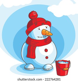 Snowman standing in the snow wearing a scarf and hat