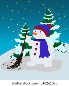 snowman standing in winter forest