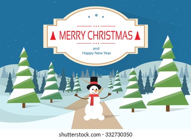 Snowman Standing Winter Snow Forest Road Greeting Card With Merry Christmas And Happy New Year Banner Flat Vector Illustration