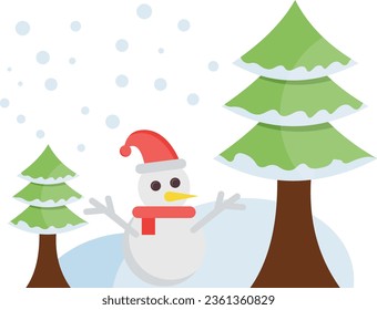 Snowman stands among the Christmas trees.