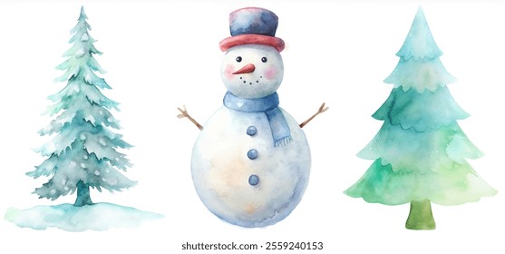 A snowman stands in front of a tree and another tree in the background. The snowman is wearing a scarf and a hat