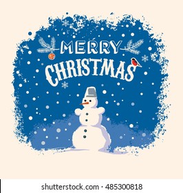 Snowman stands on the snow with festive lettering and graphic elements. Vector illustration.