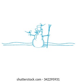 The snowman stands on a white background. Hand-drawn illustration. Vector banner.