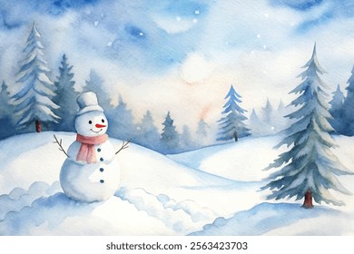 A snowman stands in the snow next to a tree. The scene is peaceful and serene, with the snowman as the focal point