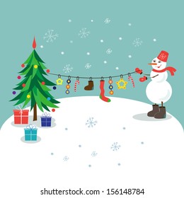 Snowman stands in the street next to the Christmas tree and presents. Falling snowflakes on a rope hanging gifts. The image can be used for greeting cards, website background.