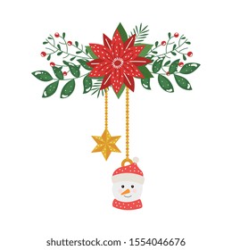 snowman and star hanging with flower christmas decorative vector illustration design