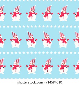 Snowman with stars seamless pattern on blue background. Vector holidays illustration for new year and Christmas. Cartoon style. Design for fabric, textile, wallpaper and decor.