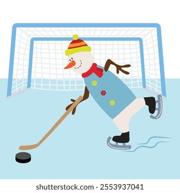 Snowman with stick and puck playing ice hockey  vector cartoon  illustration