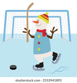 Snowman with stick and puck playing ice hockey  vector cartoon  illustration