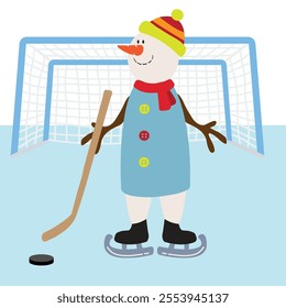 Snowman with stick and puck playing ice hockey  vector cartoon  illustration