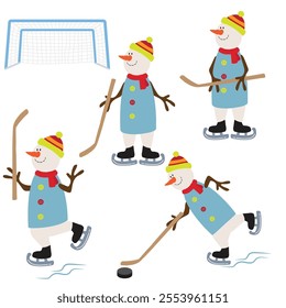 Snowman with stick and puck playing ice hockey  vector cartoon  illustration