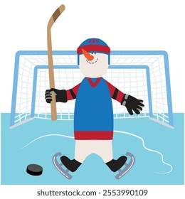 Snowman with stick and puck playing ice hockey  vector cartoon  illustration